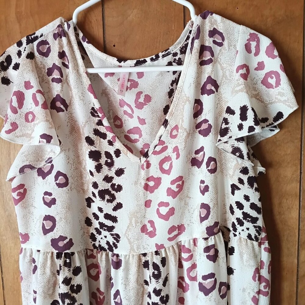 Watermelon Women Pink Leopard Print Babydoll Top Size L Short Sleeve Ruffle Hem